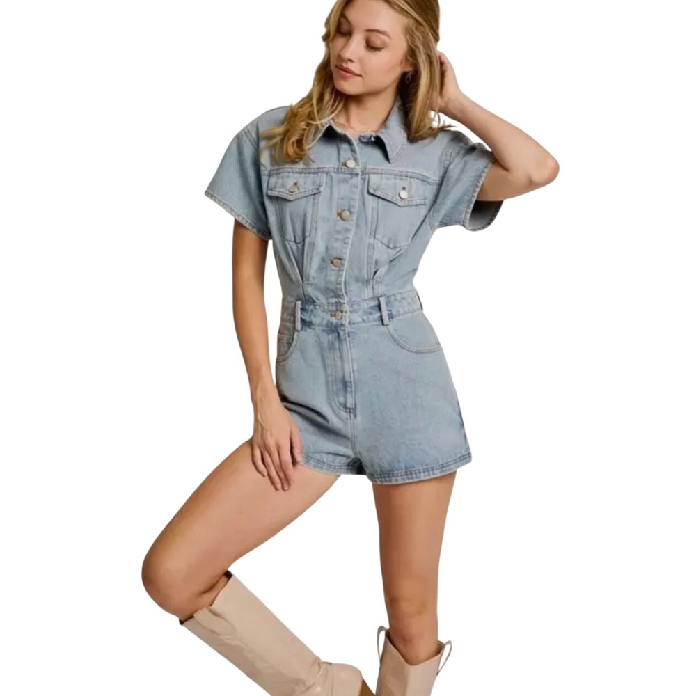 Lelis Women's Small Denim Romper Short Sleeve Button Front Utility Festival boho